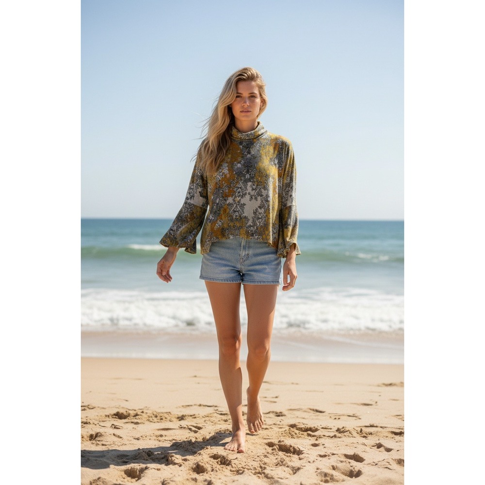 Fig and Flower Womens 1X Yellow Gray Floral Cowl‎ Neck Bell Sleeve Top KYO3458WC